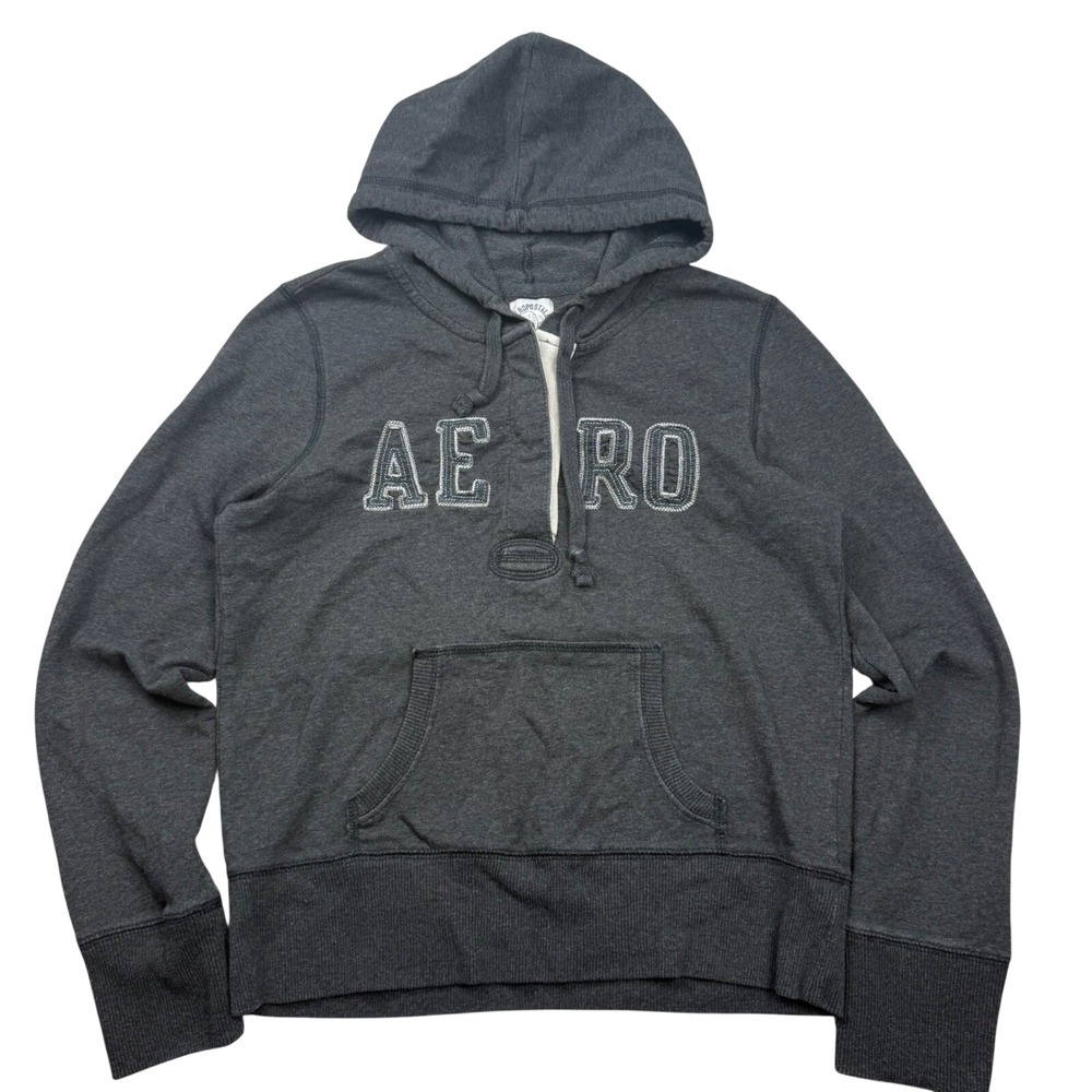 VTG Y2K Aeropostale Gray Henley Hoodie AERO Spellout Sweatshirt Size M Mall Girl